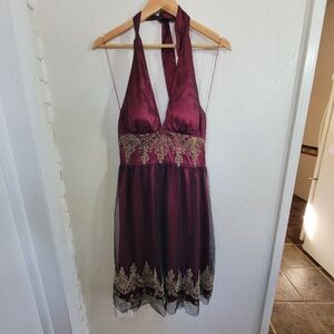 y2k Adrianna Papell Satin Mesh Babydoll Halter Dress Black Wine sz 6 Vamp Goth